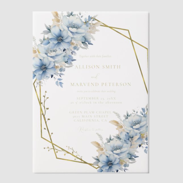 Elegante blaue, geometrische Rahmen Blütenhochzeit (Vorderseite)