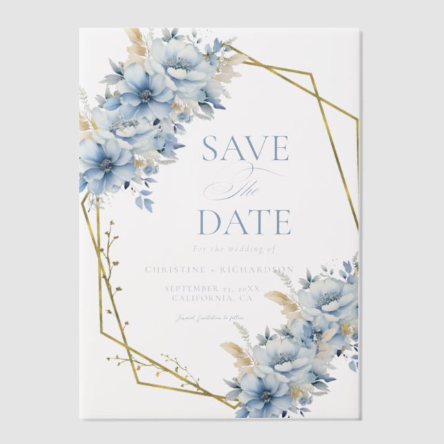 Elegante blaue, geometrische Rahmen Blütenhochzeit (Vorderseite)