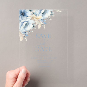 Elegante blaue, geometrische Rahmen Blütenhochzeit Acryleinladungen