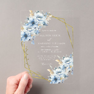 Elegante blaue, geometrische Rahmen Blütenhochzeit Acryleinladungen