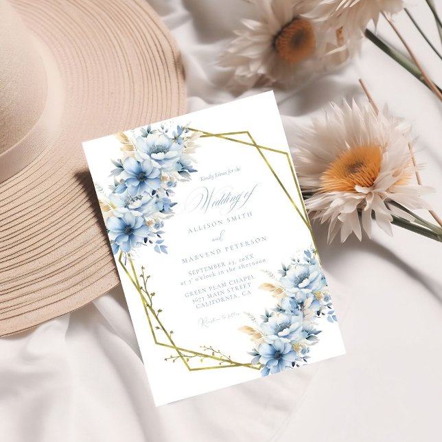 Elegante blaue, geometrische Rahmen Blütenhochzeit Einladung (Von Creator hochgeladen)