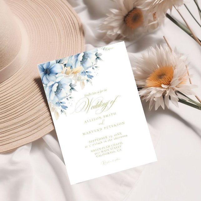 Elegante blaue, geometrische Rahmen Blütenhochzeit Einladung (Von Creator hochgeladen)