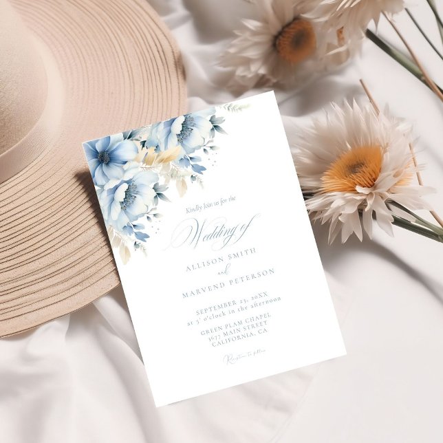 Elegante blaue, geometrische Rahmen Blütenhochzeit Einladung (Von Creator hochgeladen)