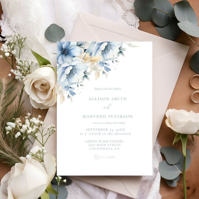 Elegante blaue, geometrische Rahmen Blütenhochzeit Einladung (Von Creator hochgeladen)