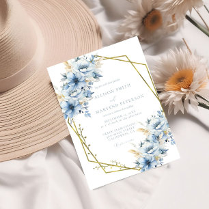 Elegante blaue, geometrische Rahmen Blütenhochzeit Einladung