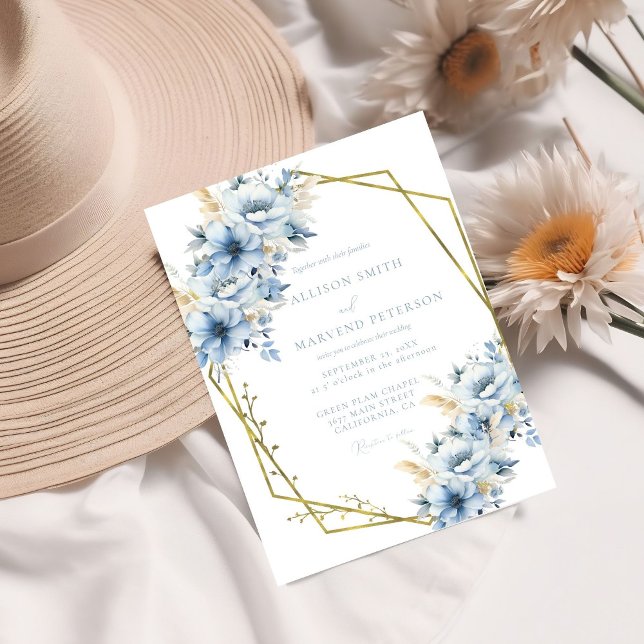 Elegante blaue, geometrische Rahmen Blütenhochzeit Einladung (Von Creator hochgeladen)