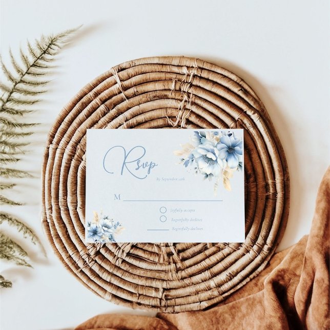 Elegante blaue, geometrische Rahmen Blütenhochzeit RSVP Karte (Von Creator hochgeladen)