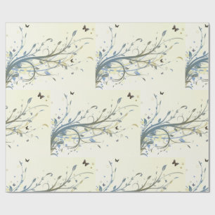 Elegante blaue goldene florale Schwünge mit Schmet Geschenkpapier