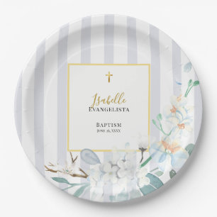 Elegante Blaue Goldene Florale Taufe Pappteller