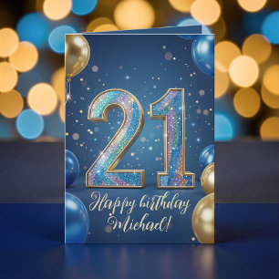 Elegante blaue goldene funkelnde Ballons 21. Gebur Karte