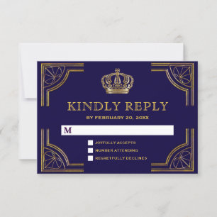 Elegante blaue goldene verzierte Krone RSVP Karte