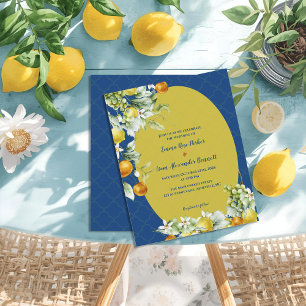 Elegante blaue goldene Zitrus-Blumen-Hochzeitseinl