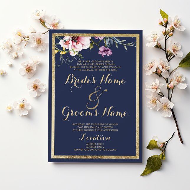 Elegante, blaue goldfarbene Pink-Minze Blumenhochz Einladung (Elegant navy blue gold pink mint floral Wedding )