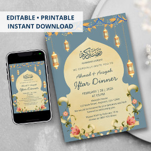 Elegante blaue Goldlaternen und florale Iftar-Böge Einladung