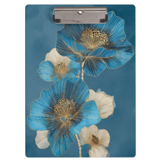 Elegante Blaue Goldlinien Kunst Mohn Botanisch Klemmbrett