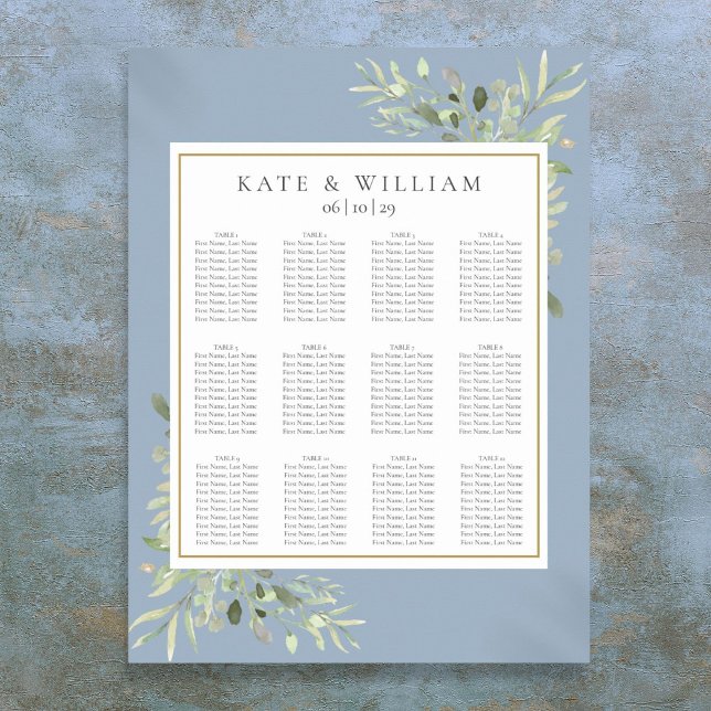 Elegante, blaue Grüne Hochzeitsskalender Poster (Elegant Dusty Blue Greenery Wedding Seating Chart)