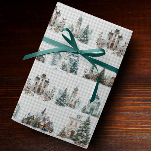 Elegante blaue Häuser Weihnachts-Winter-Muster Geschenkpapier