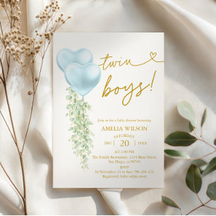 Elegante blaue Herzballons Zwillinge Jungen Baby S Einladung
