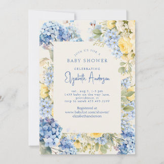 Elegante Blaue Hortensie Gelbe Rose Baby Shower Einladung