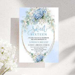 Elegante Blaue Hortensie Gold Schrift 16. Geburtst Einladung