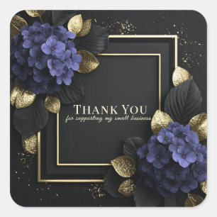 Elegante Blaue Hortensie Schwarzes und goldenes Bl Quadratischer Aufkleber