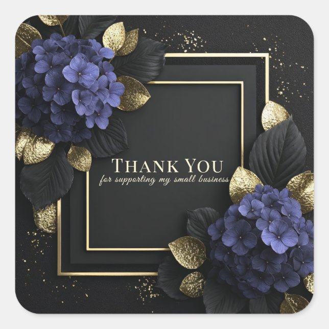 Elegante Blaue Hortensie Schwarzes und goldenes Bl Quadratischer Aufkleber (Vorderseite)