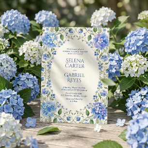 Elegante blaue Hortensien-Aquarell-Blumenhochzeit Einladung