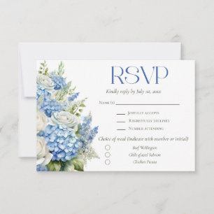 Elegante blaue Hortensien-Blumen-Menüwahl-Hochzeit RSVP Karte