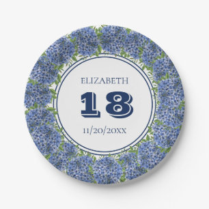 Elegante blaue Hortensien-Blumen zur 18. Geburtsta Pappteller