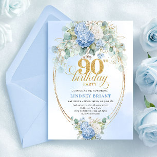 Elegante blaue Hortensien-Einladung zum 90. Geburt Einladung