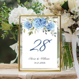 Elegante Blaue Hortensien-Eukalyptus-Hochzeit Tischnummer