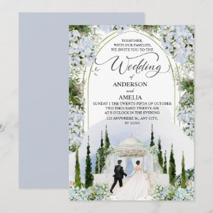 Elegante blaue Hortensien-Gartenhochzeit Aquarell Einladung