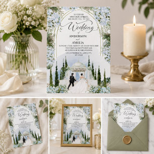 Elegante blaue Hortensien-Gartenhochzeit Aquarell Einladung