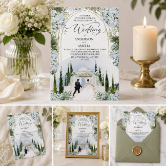 Elegante blaue Hortensien-Gartenhochzeit Aquarell Einladung