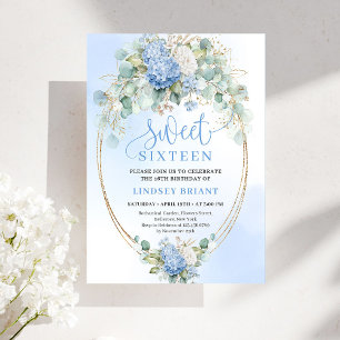 Elegante blaue Hortensien-Gold-Sweet-Sixteen-Einla Einladung