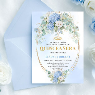 Elegante blaue Hortensien Goldene 15. Geburtstagse Einladung