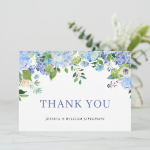 Elegante Blaue Hortensien Grün Hochzeitsfloristik Dankeskarte