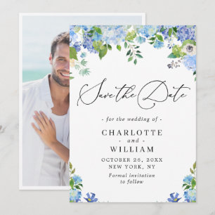 Elegante Blaue Hortensien-Grünpflanzen-Hochzeit Save The Date