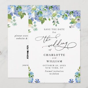 Elegante blaue Hortensien-Grünpflanzen-Hochzeits-Q Save The Date