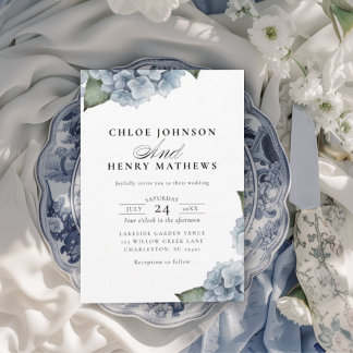 Elegante Blaue Hortensien-Hochzeit Einladung