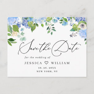 Elegante blaue Hortensien-Hochzeit Save the Date O Postkarte