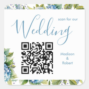 Elegante Blaue Hortensien Hochzeits-Scan-QR-Code Quadratischer Aufkleber