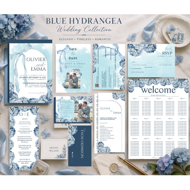 Elegante blaue Hortensien-Hochzeitszeitplan Programm (Von Creator hochgeladen)