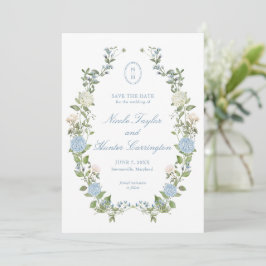 Elegante blaue Hortensien-Monogramm-Save-the-Date- Einladung