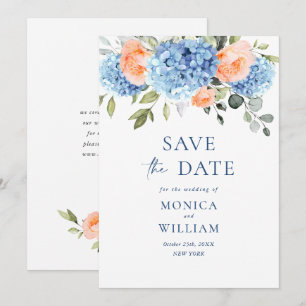 Elegante Blaue Hortensien-Rosa Rosen Florale Hochz Save The Date