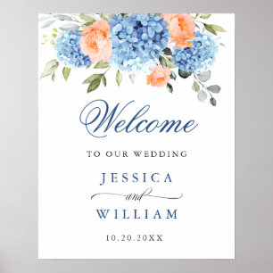 Elegante Blaue Hortensien Rosa Rosen Hochzeit Poster