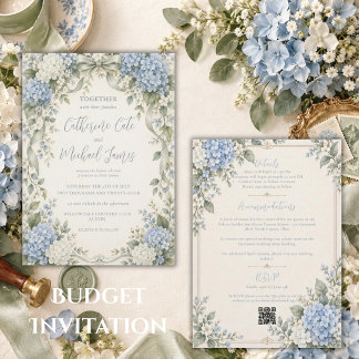 Elegante blaue Hortensien-Sage-Blumen-Hochzeit im Einladung