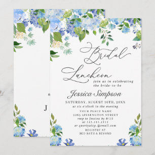 Elegante Blaue Hortensien-Wasserfarben-Braut-Lunch Einladung