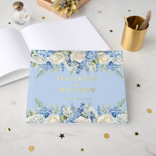 Elegante Blaue Hortensien Weiße Rosen Florale Hoch Gästebuch