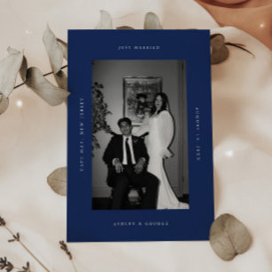 Elegante Blaue Just Married Hochzeitsfoto Elopemen Ankündigung